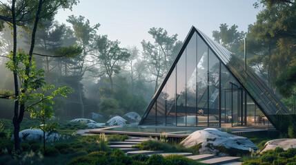 Villa in beautiful scenery and environment. Futuristic Glass House.