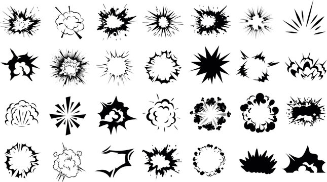 Explosive effect, dynamic explosion, energy filled vector silhouette. Perfect for comics, animations, designs. Unique, impactful visual effects