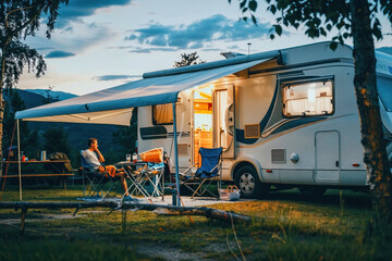 Twilight blankets a tranquil camping site with a family enjoying their RV's comforts