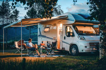 A peaceful image of a couple relaxing outside their motorhome as day turns to night in a scenic campsite
