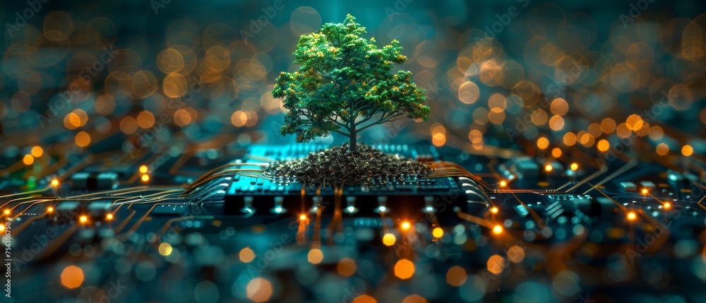 Leinwandbilder Computer circuit board illustration with soil growing on the converging point. Blue light background with wireframe network. Concept of green computing, green tech, green IT, and IT ethics.