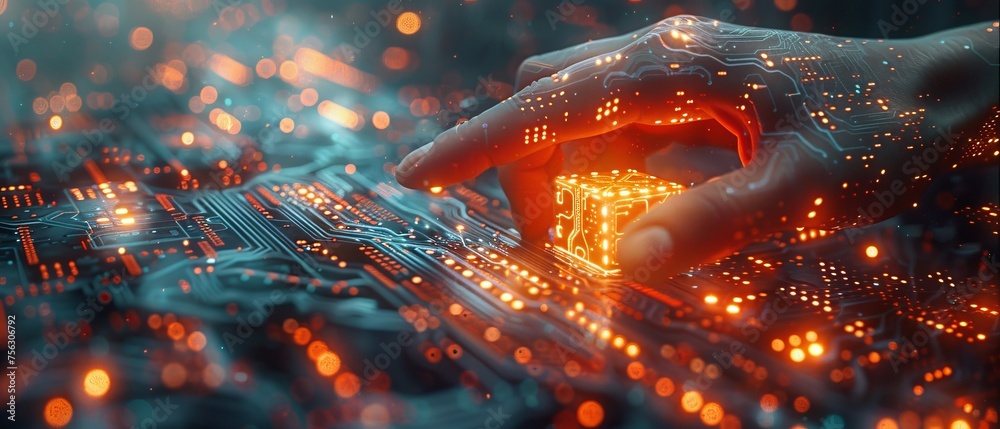 Poster Hand pointing at abstract glowing cubes on blurry circuit background. Concept of innovation and creativity. Double exposure.