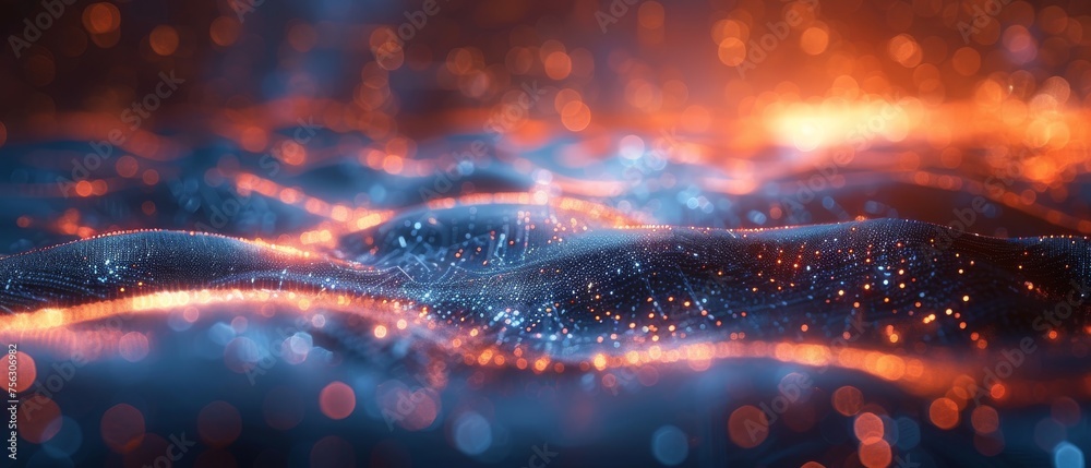 Poster Abstract futuristic illustration of data technology in low poly. Connecting dots and lines on dark background. 3D rendering. Big data visualization.