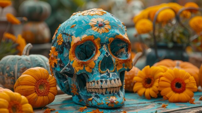 Mexican Day of the Dead (El Dia de Muertos) skull painted with pumpkins and flowers. Banner design for the project.
