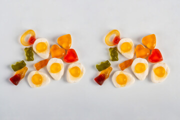 Assorted gummy candies. Top view. Jelly sweets. on white background