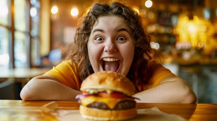 A joyful young chubby woman, happily expressing her happiness while enjoying a hamburger.