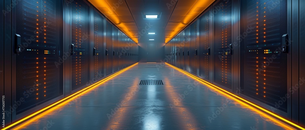 Leinwandbilder A view of a corridor in a working data center full of rack servers and supercomputers and projecting a high-definition image of the Internet.