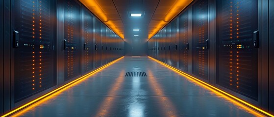 A view of a corridor in a working data center full of rack servers and supercomputers and projecting a high-definition image of the Internet.