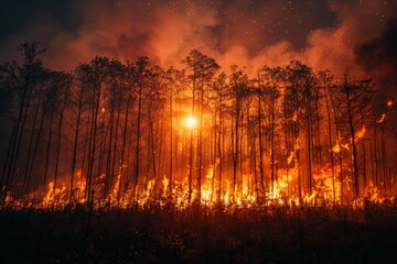 Forest conflagration: massive flames spread rapidly
