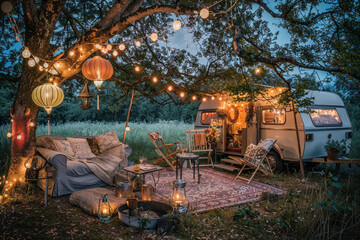 A mesmerizing scene showcasing an outdoor caravan adorned with twinkling lights, offering a mix of rustic charm and magical ambiance amidst nature