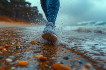 Close up of Low angle view of male legs, a jogger feet wearing sports shoes on a seaside track. Trail running workout on sea beach outdoors