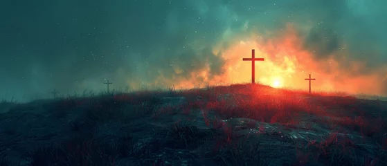 Fotobehang Sunset - Abstract Glittering Sky And Vintage Colors Effects On Crosses On Hill At Resurrection © Zaleman
