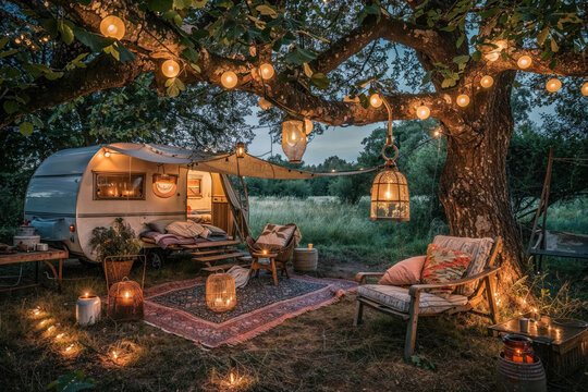 The image depicts a serene outdoor setting with a vintage caravan, hammock, and tastefully placed lanterns creating a peaceful, rustic retreat in the wilderness