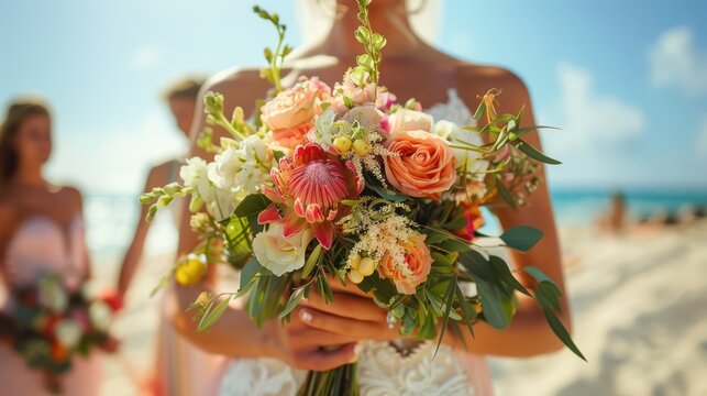 Bride holding wedding bouquet with her friends standing on the background of a wedding on the beach