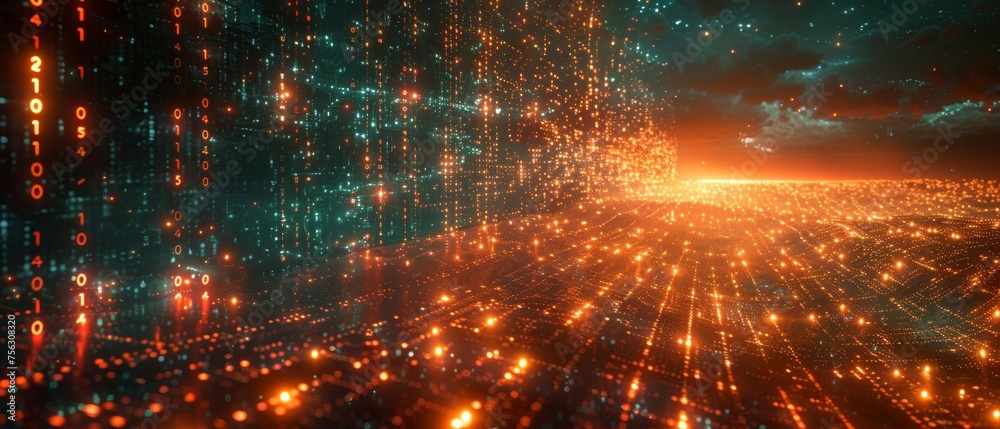 Poster System engineering. Binary code. Programming. Digital transformation concept.