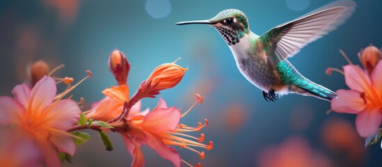 Fototapeta premium A Hummingbird with iridescent feathers is perched on a delicate flower branch, using its long beak to sip nectar while its wings flutter rapidly