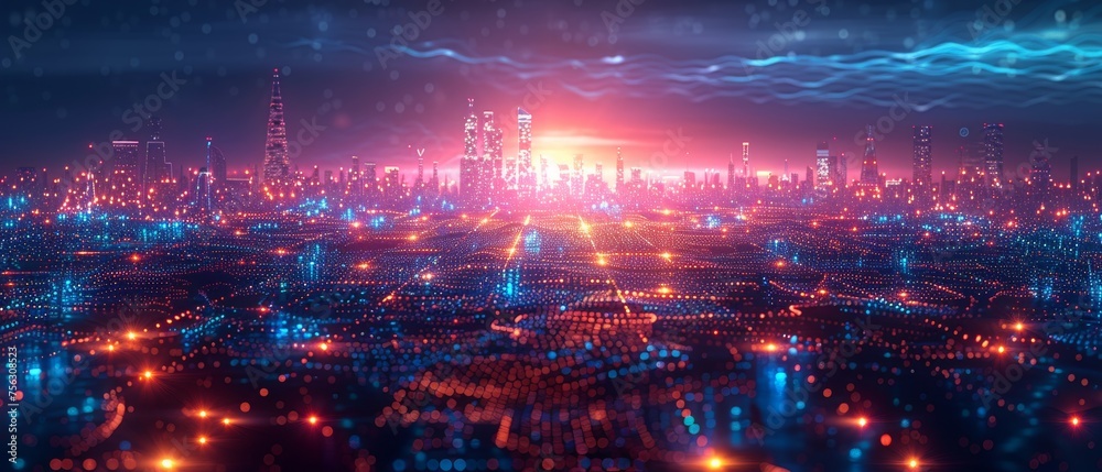 Leinwandbilder Concept of smart city and abstract dot points connected by gradient line and intricate wave line , big data technology concept.