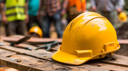A yellow hard hat placed on a work desk, suggesting a work environment related to construction, engineering, or other industries where safety gear is essential. - obrazy, fototapety, plakaty