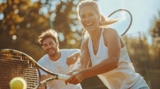 Pictures of a doubles tennis match Happy couple and woman playing tennis in summer