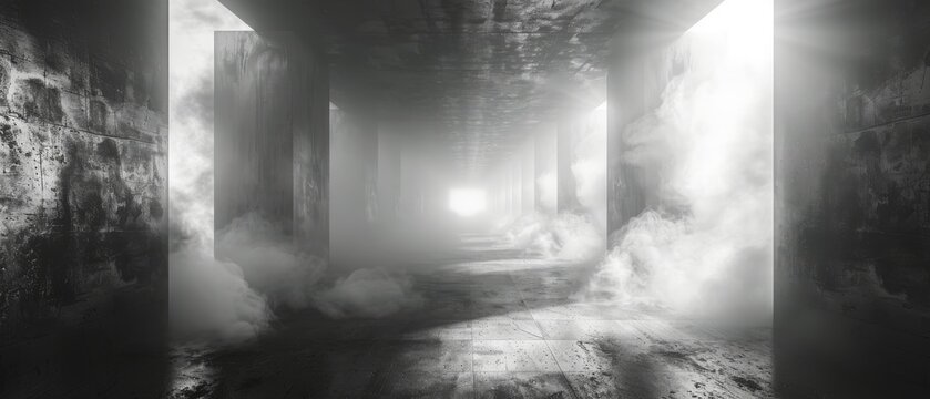 A futuristic underground room garage, plane tunnel corridor, illustration depicting a white rectangle in a dark scene, a studio with smoke floats up the interior texture wall.