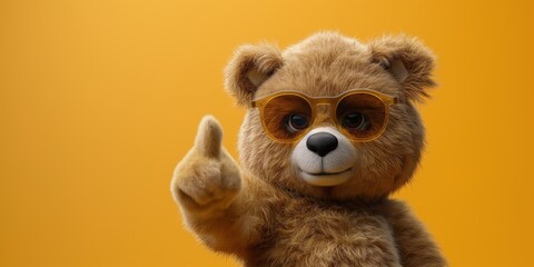 cute plush teddy bear in sunglasses points finger at copy space on a orange isolated background