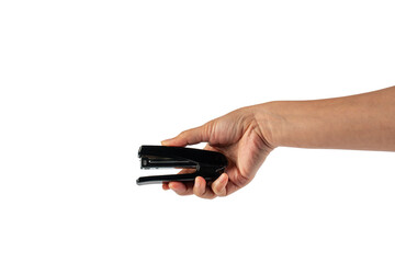 Black stapler in hand isolated on transparent background