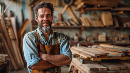 Photo of a happy carpenter at work standing at a carpentry workshop.