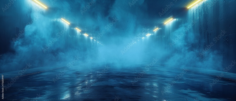 Poster it is a damp street, wet asphalt, and rays are reflected in the water. there is smoke and smog in th
