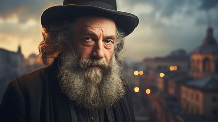 A frontal portrait of an old Jewish rabbi with a distinguished beard, reflecting wisdom and tradition.