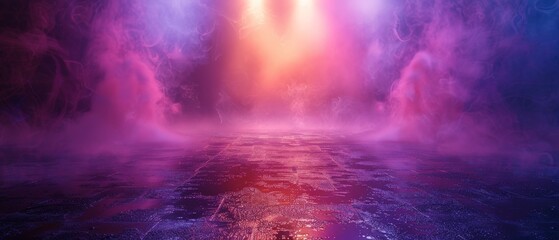There is a dark stage, purple background, and a shadowy scene with neon lights and spotlights. There is also an asphalt floor and a studio room with smoke floating up and over the interior texture as - obrazy, fototapety, plakaty
