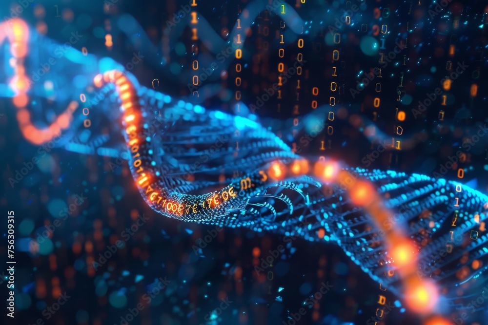 Poster dna molecules with binary code, 3d render, dark background