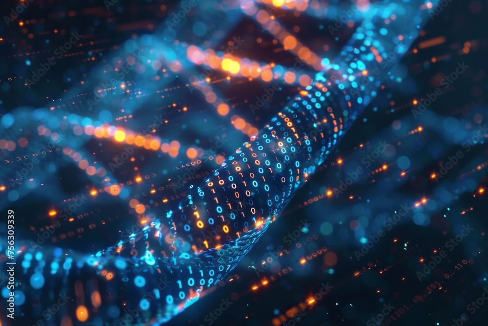 Poster DNA molecules with binary code, 3d render, dark background