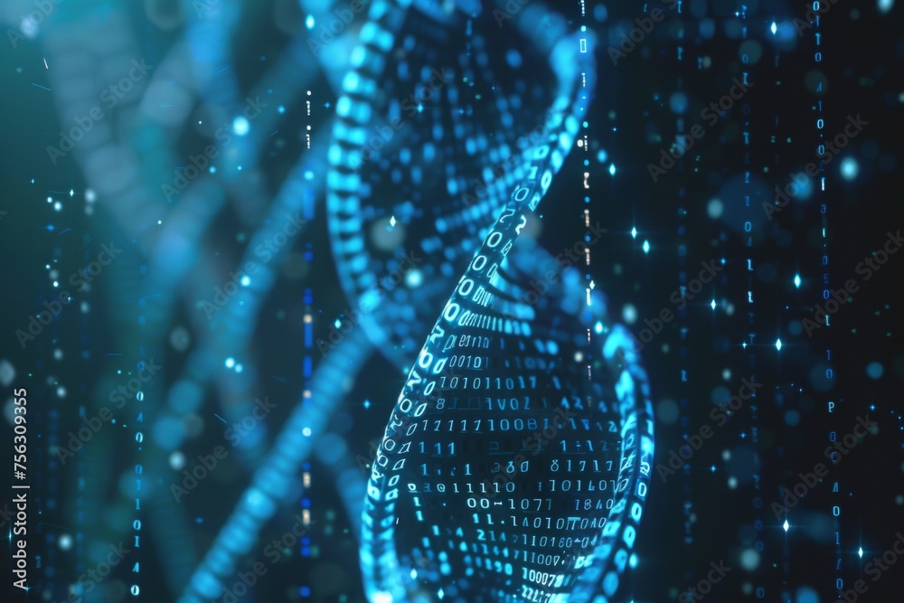Fototapete dna molecules with binary code, 3d render, dark background