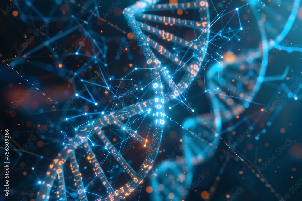 Poster dna molecules with binary code, 3d render, dark background