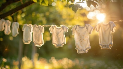 Photo of white children's clothes hanging on an outdoor clothesline.