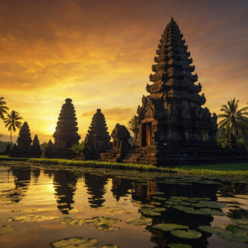 New Nyepi day of silence background illustration with temple at sunset 
