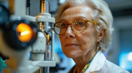 Senior woman having eyesight test and trying on new glasses