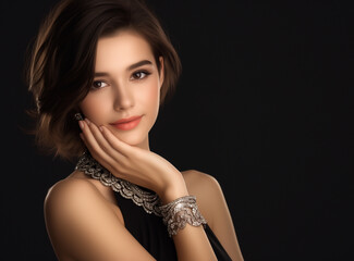 A beautiful woman with dark hair, wearing an elegant necklace and bracelet, poses for the camera while gently touching her face