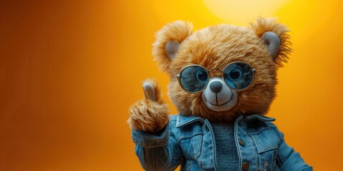 cute plush teddy bear in sunglasses and costume points finger at a copy space on a orange background