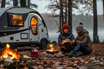 A couple enjoys sharing a meal by the campfire in front of their camper van