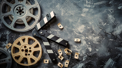 movie clapper and film reels copy space  filmmaking concept scene with dramatic lighting Modern video camera, movie clapper and reel on black background, flat lay. Space for text Generative Ai