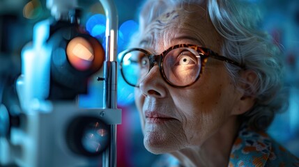 Senior woman having eyesight test and trying on new glasses