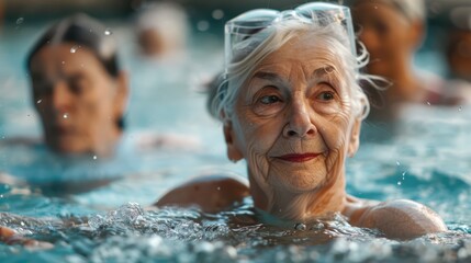 Group of elderly women exercising in water