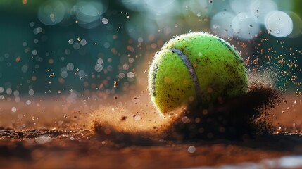 Tennis ball bouncing on a dirt tennis court, tennis court with dust splashing