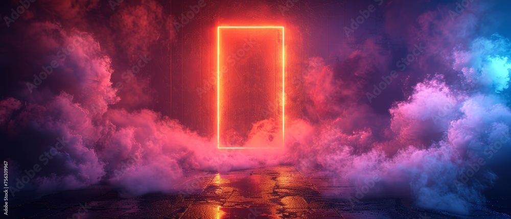 Fototapete Neon background with lines and rays. Dark corridor with neon light. Abstract background with lines and glow. Wet asphalt, neon smoke.