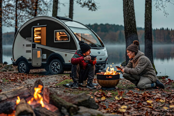 A heartwarming scene of a parent and child bonding over a campfire next to their caravan in a beautiful forest lakeside