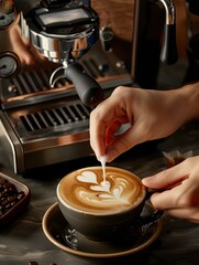 Fototapeta na wymiar A barista creates intricate latte art on a cappuccino, skillfully manipulating milk foam into delicate patterns ☕✨