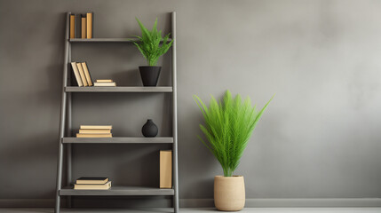 Contemporary Bookshelf with Elegant Black Decor and Lush Plant in a Minimalist Interior