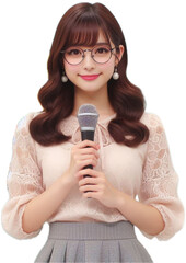 マイクで喋るメガネの女性