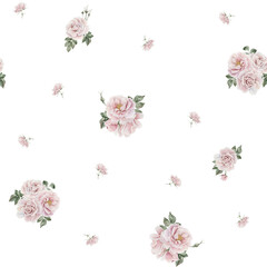 Rose hip pink flowers with buds and green leaves, Victorian style, watercolor seamless pattern on white background.